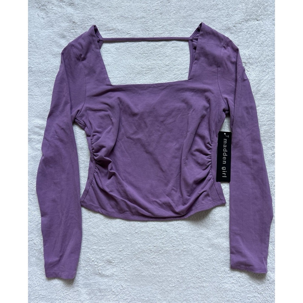 NWT Madden Girl Square Neck Crop Top Women XL Purple Long Sleeve Slim Fit Casual